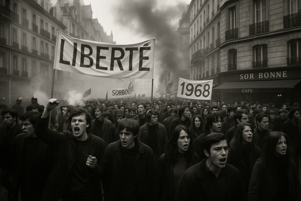 Students and workers gathered near the Sorbonne, Paris 1968 — the air thick with protest, dialogue, and the dream of solidarity.